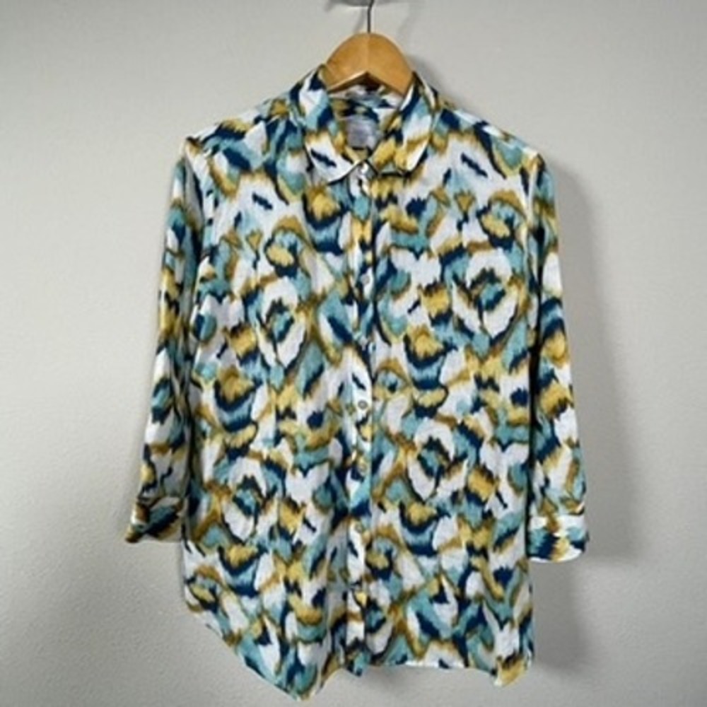 Chico's Button Up Shirt Womens 2 L 12 Teal Yellow‎ Linen No Iron Ikat Coastal